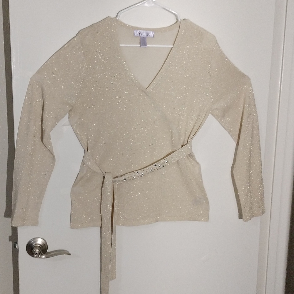 NINE & CO, SWEATERS  SIZE L, CREAM COLOR WITH GOLD DIAMONDS, V NECK